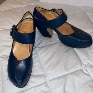 John Fluevog EUC Prepare Leader, Mary Jane platform heel.  Deep blue denim color